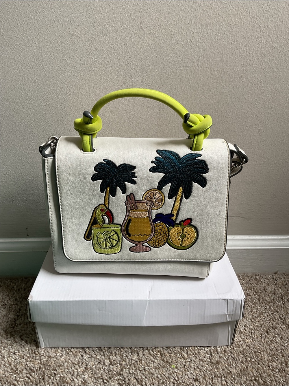 Zara White Crossbody Bag with Lime Handle and Tropical Patch